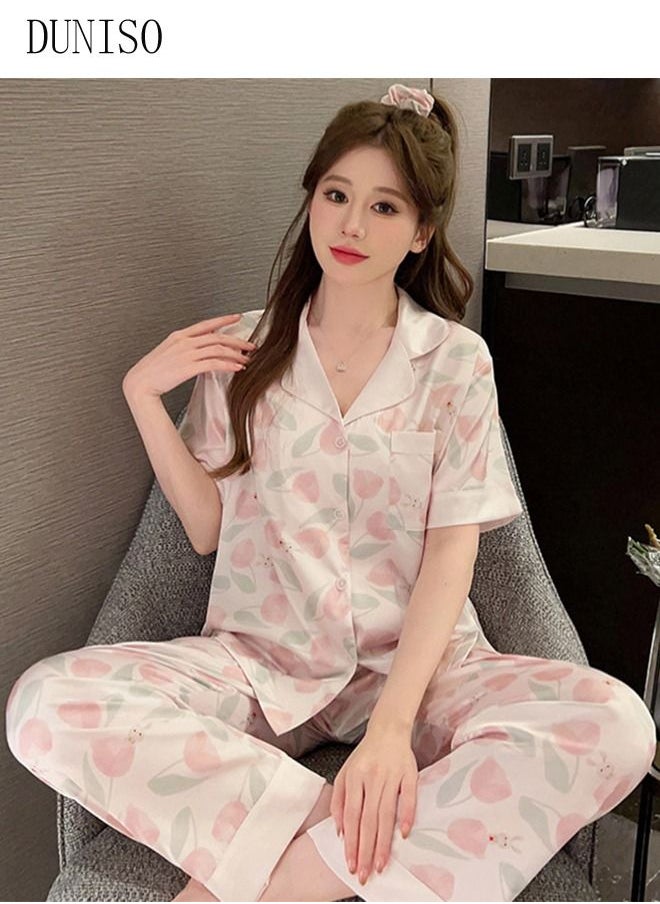 DUNISO - 2-piece Women' s Pajama Sets Silks Satin Sleepwear Sweet Loungewear Nightwear Long Sleeve Shirt with Button Down and Waist Elastic Pants Pajama Set for Women Grils Ladies - Image 1