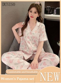 2-piece Women' s Pajama Sets Silks Satin Sleepwear Sweet Loungewear Nightwear Long Sleeve Shirt with Button Down and Waist Elastic Pants Pajama Set for Women Grils Ladies