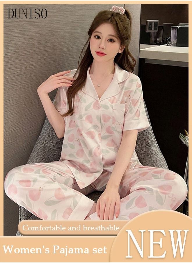 DUNISO - 2-piece Women' s Pajama Sets Silks Satin Sleepwear Sweet Loungewear Nightwear Long Sleeve Shirt with Button Down and Waist Elastic Pants Pajama Set for Women Grils Ladies - Image 1
