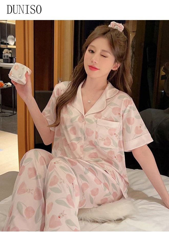 DUNISO - 2-piece Women' s Pajama Sets Silks Satin Sleepwear Sweet Loungewear Nightwear Long Sleeve Shirt with Button Down and Waist Elastic Pants Pajama Set for Women Grils Ladies - Image 1