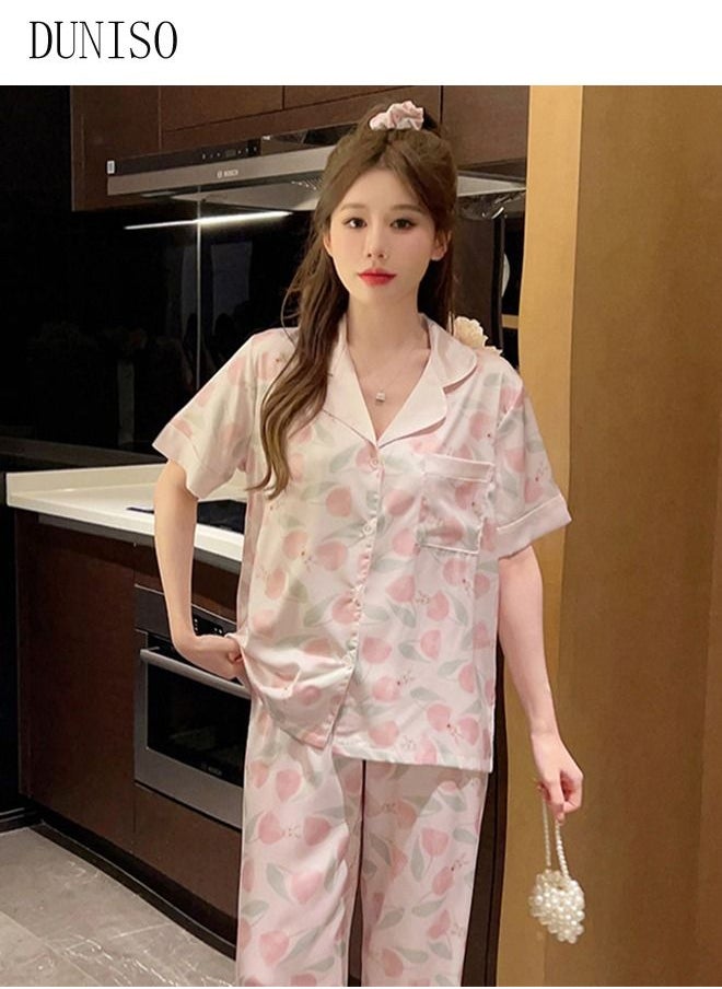 DUNISO - 2-piece Women' s Pajama Sets Silks Satin Sleepwear Sweet Loungewear Nightwear Long Sleeve Shirt with Button Down and Waist Elastic Pants Pajama Set for Women Grils Ladies - Image 1
