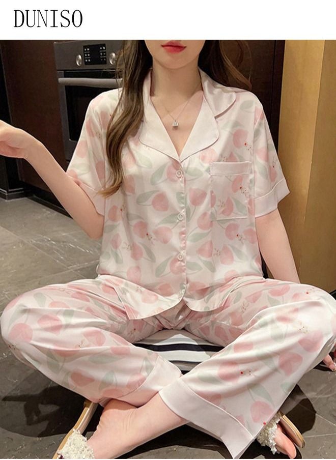 DUNISO - 2-piece Women' s Pajama Sets Silks Satin Sleepwear Sweet Loungewear Nightwear Long Sleeve Shirt with Button Down and Waist Elastic Pants Pajama Set for Women Grils Ladies - Image 1