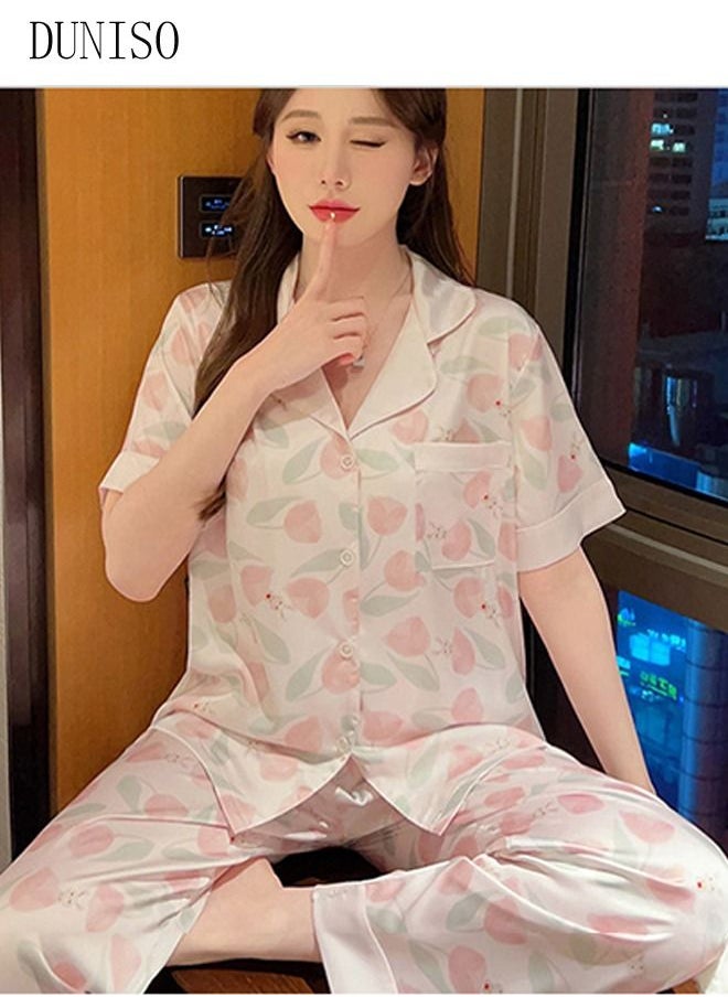 DUNISO - 2-piece Women' s Pajama Sets Silks Satin Sleepwear Sweet Loungewear Nightwear Long Sleeve Shirt with Button Down and Waist Elastic Pants Pajama Set for Women Grils Ladies - Image 1