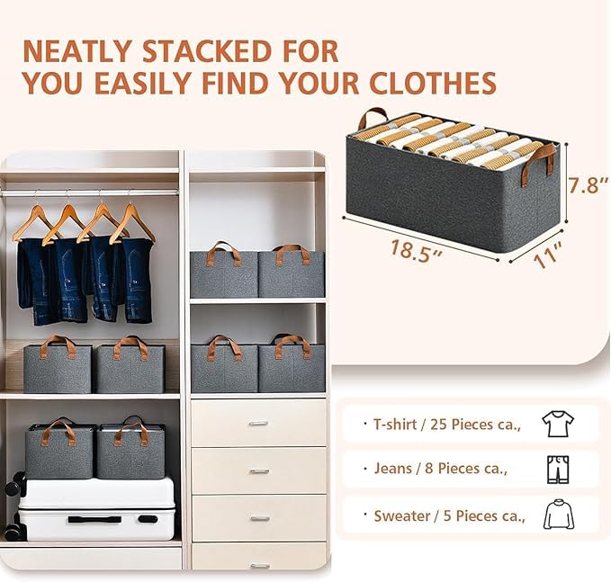 Kesrin Kesrin 2 Wardrobe Organizer for Clothes with Metal Frame Rectangle Storage Baskets for Pants Jeans Storage Clothing Box with Handles Shelf Basket for Clothes 26Lgrey Pack of 2 - Image 2