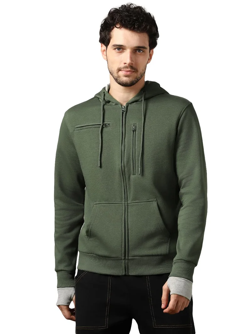 NOBERO Olive Green Hooded Sweatshirt for Men