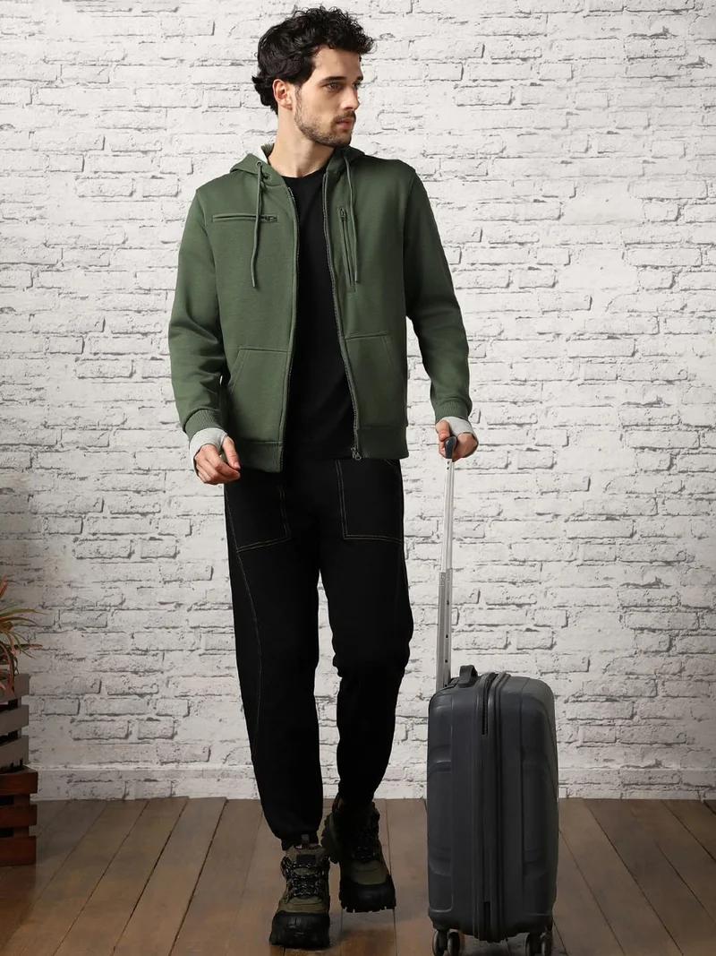 NOBERO Olive Green Hooded Sweatshirt for Men