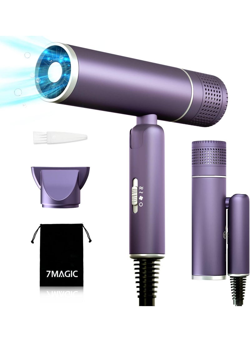 7MAGIC 7MAGIC Foldable Hair Dryer Powerful Ionic Blow Dryer for Fast Drying Travel Hair Blow Dryer with Storage Bag Lightweight Portable Hairdryer for Women Cold2 Heating2 Speed Settings Purple 
