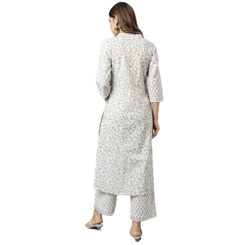 FIORRA Women's Off White Cotton A-line Kurta with Palazzo - Image 4