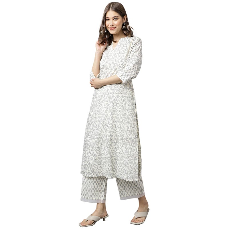 FIORRA Women's Off White Cotton A-line Kurta with Palazzo - Image 2