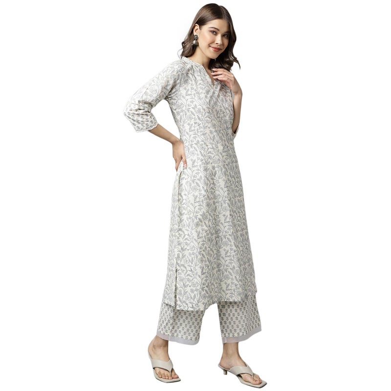 FIORRA Women's Off White Cotton A-line Kurta with Palazzo - Image 3