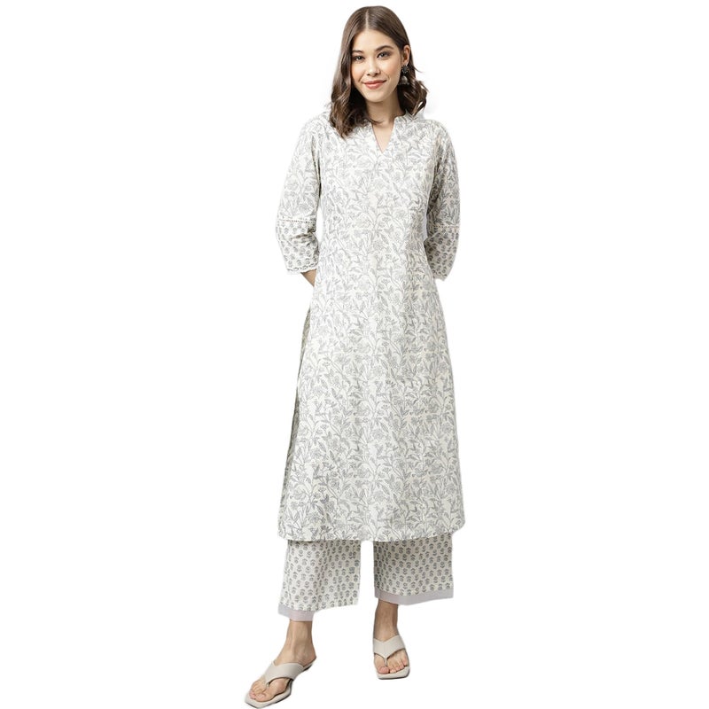FIORRA Women's Off White Cotton A-line Kurta with Palazzo - Image 1