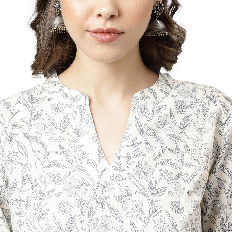FIORRA Women's Off White Cotton A-line Kurta with Palazzo - Image 5