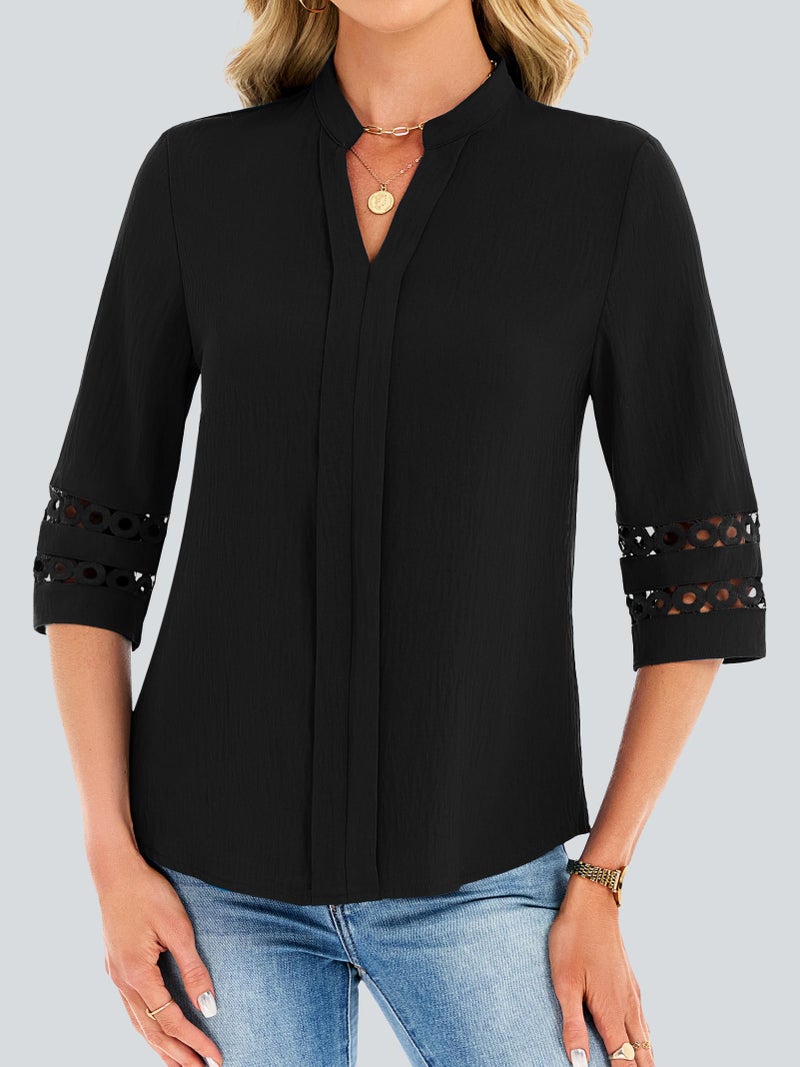 Funlingo 3/4 Length Sleeve Womens Tops Bussiness Casual Dressy Blouses Trendy V Neck Lace Pleated Work Shirts Spring Office Outfits 2026 Black M - Image 2