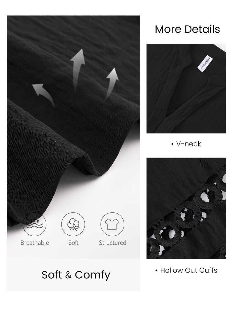 Funlingo 3/4 Length Sleeve Womens Tops Bussiness Casual Dressy Blouses Trendy V Neck Lace Pleated Work Shirts Spring Office Outfits 2026 Black M - Image 5