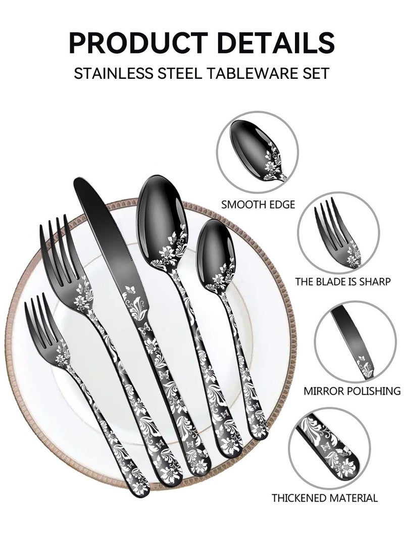 LEOKOR طقم أدوات مطبخ من الفولاذ المقاوم للصدأ مكون من 20 قطعة، طقم أدوات مائدة مصقولة ومرآة لـ 4 أشخاص باللون الأسود - Image 4