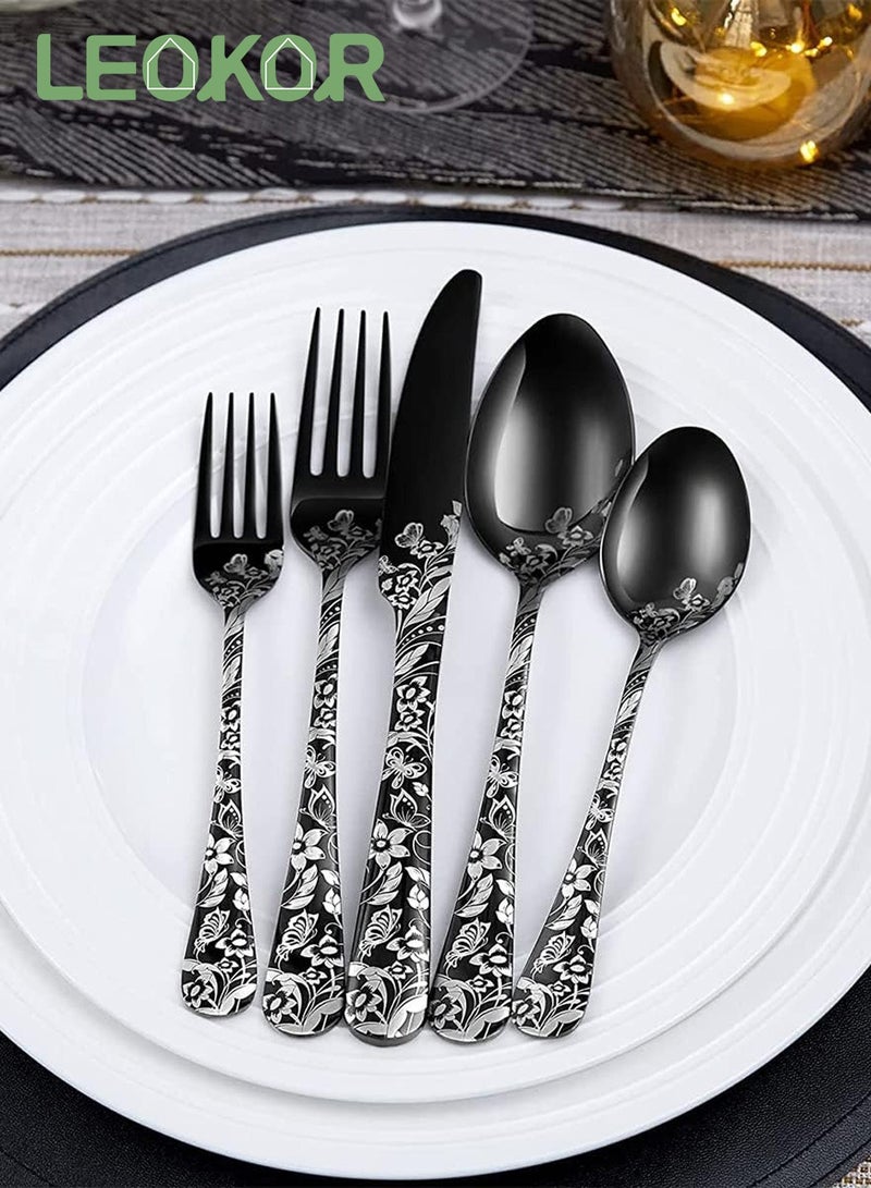 LEOKOR طقم أدوات مطبخ من الفولاذ المقاوم للصدأ مكون من 20 قطعة، طقم أدوات مائدة مصقولة ومرآة لـ 4 أشخاص باللون الأسود - Image 2