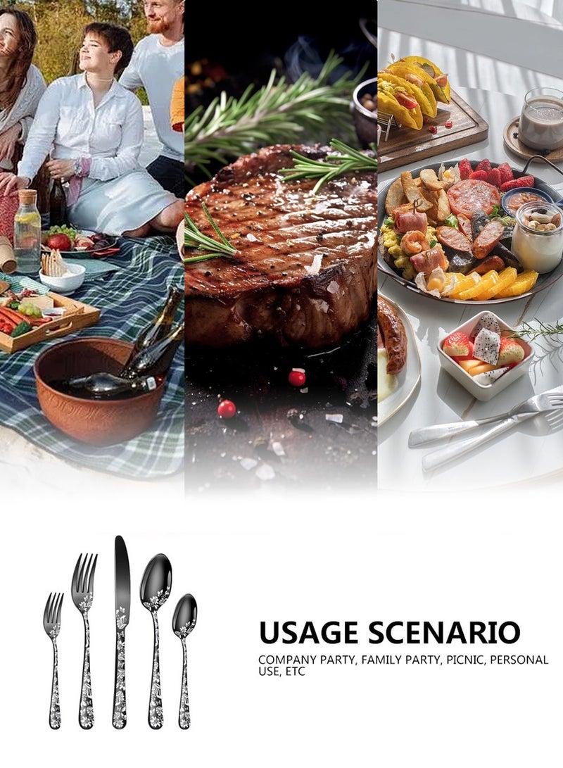 LEOKOR طقم أدوات مطبخ من الفولاذ المقاوم للصدأ مكون من 20 قطعة، طقم أدوات مائدة مصقولة ومرآة لـ 4 أشخاص باللون الأسود - Image 5