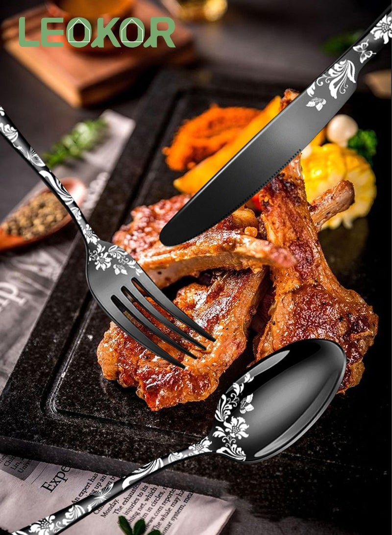 LEOKOR طقم أدوات مطبخ من الفولاذ المقاوم للصدأ مكون من 20 قطعة، طقم أدوات مائدة مصقولة ومرآة لـ 4 أشخاص باللون الأسود - Image 3