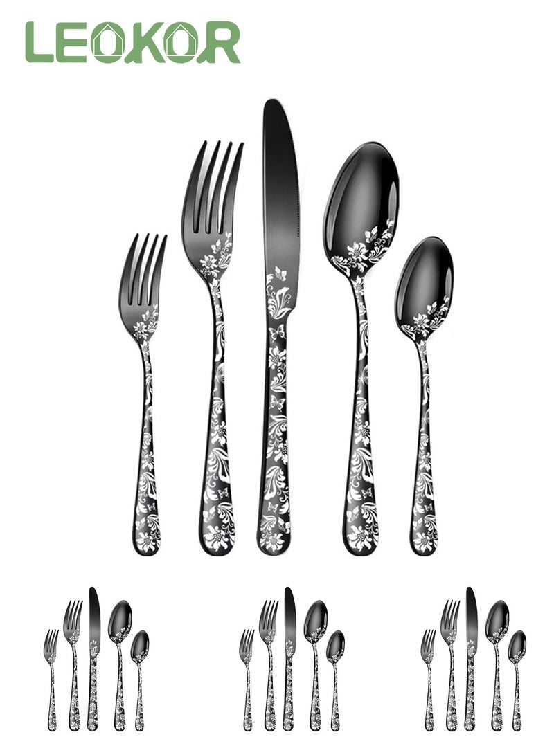 LEOKOR طقم أدوات مطبخ من الفولاذ المقاوم للصدأ مكون من 20 قطعة، طقم أدوات مائدة مصقولة ومرآة لـ 4 أشخاص باللون الأسود - Image 1