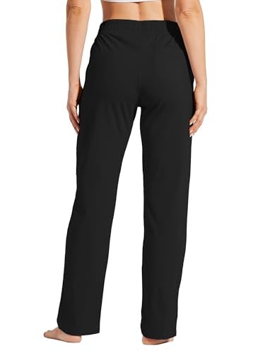Willit Women's Cotton Sweatpants Open Bottom Yoga Sports Pants Straight Leg Lounge Athletic Pants with Pockets Black M - Image 2