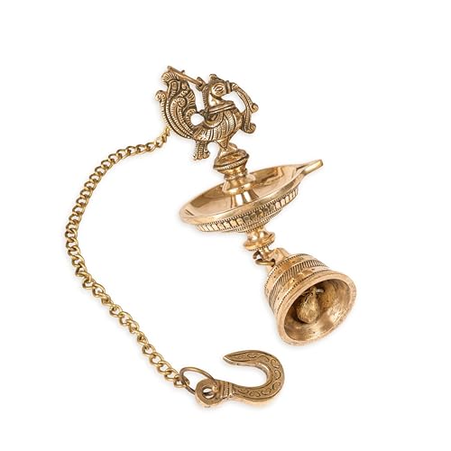 Bhimonee Decor | Handcrafted Brass Peacock Hanging Diya with Bell | 1-Wick Traditional Oil Lamp | Antique Finish | Ethnic Temple & Pooja Decor | Hanging Deepak for Home, Balcony & Mandir | Pack of 1 - Image 2