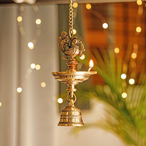 Bhimonee Decor | Handcrafted Brass Peacock Hanging Diya with Bell | 1-Wick Traditional Oil Lamp | Antique Finish | Ethnic Temple & Pooja Decor | Hanging Deepak for Home, Balcony & Mandir | Pack of 1 - Image 1