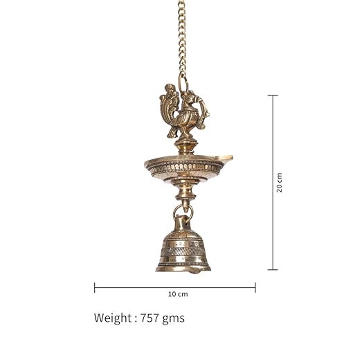 Bhimonee Decor | Handcrafted Brass Peacock Hanging Diya with Bell | 1-Wick Traditional Oil Lamp | Antique Finish | Ethnic Temple & Pooja Decor | Hanging Deepak for Home, Balcony & Mandir | Pack of 1 - Image 4