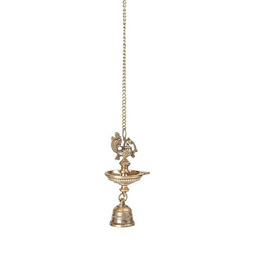 Bhimonee Decor | Handcrafted Brass Peacock Hanging Diya with Bell | 1-Wick Traditional Oil Lamp | Antique Finish | Ethnic Temple & Pooja Decor | Hanging Deepak for Home, Balcony & Mandir | Pack of 1 - Image 3