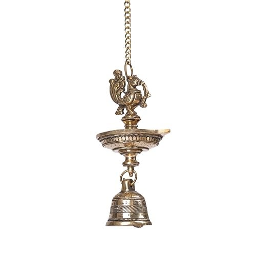 Bhimonee Decor | Handcrafted Brass Peacock Hanging Diya with Bell | 1-Wick Traditional Oil Lamp | Antique Finish | Ethnic Temple & Pooja Decor | Hanging Deepak for Home, Balcony & Mandir | Pack of 1 - Image 5