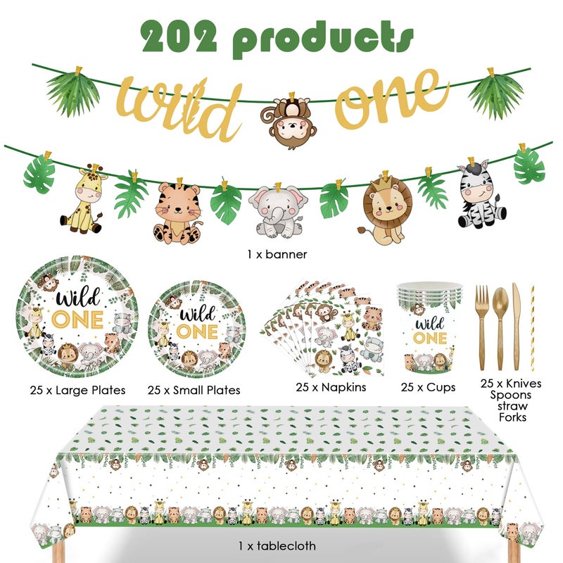 GalaHub Wild One Birthday Decorations 202 Pcs for 25 Guests, Jungle Safari Theme Party Supplies with Animal Plates Napkins Cutlery Tablecloth Banner, Baby Shower or Boys 1st Birthday Party - Image 2