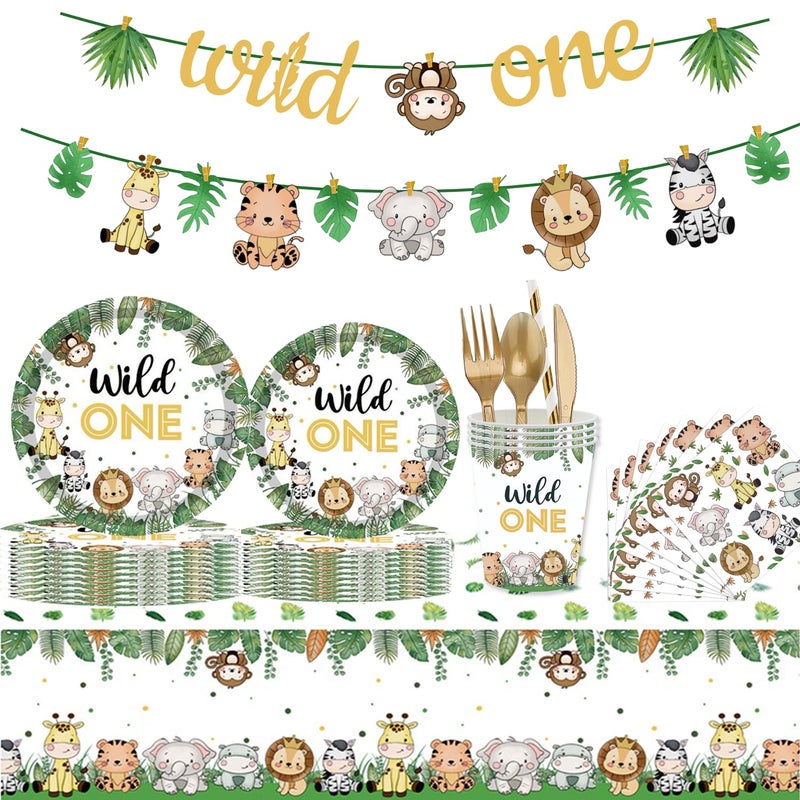 GalaHub Wild One Birthday Decorations 202 Pcs for 25 Guests, Jungle Safari Theme Party Supplies with Animal Plates Napkins Cutlery Tablecloth Banner, Baby Shower or Boys 1st Birthday Party - Image 1