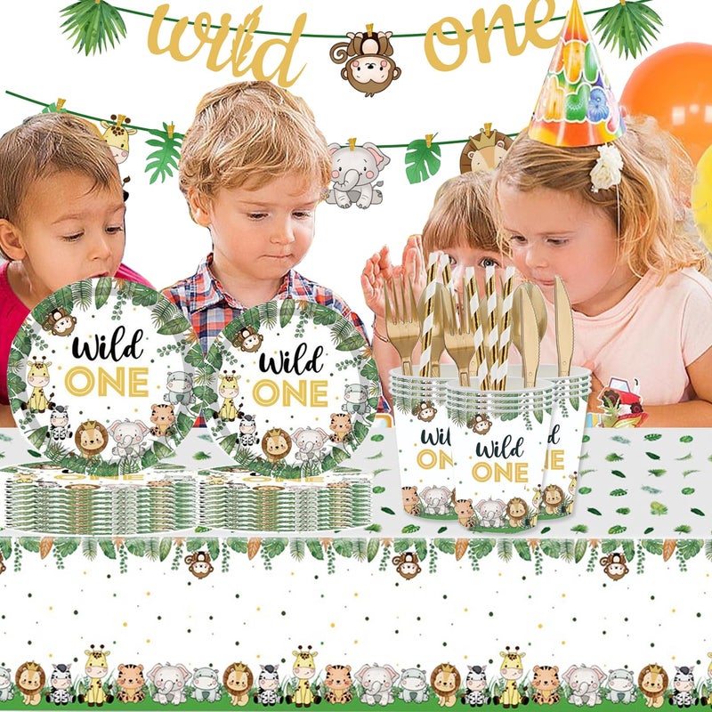 GalaHub Wild One Birthday Decorations 202 Pcs for 25 Guests, Jungle Safari Theme Party Supplies with Animal Plates Napkins Cutlery Tablecloth Banner, Baby Shower or Boys 1st Birthday Party - Image 3