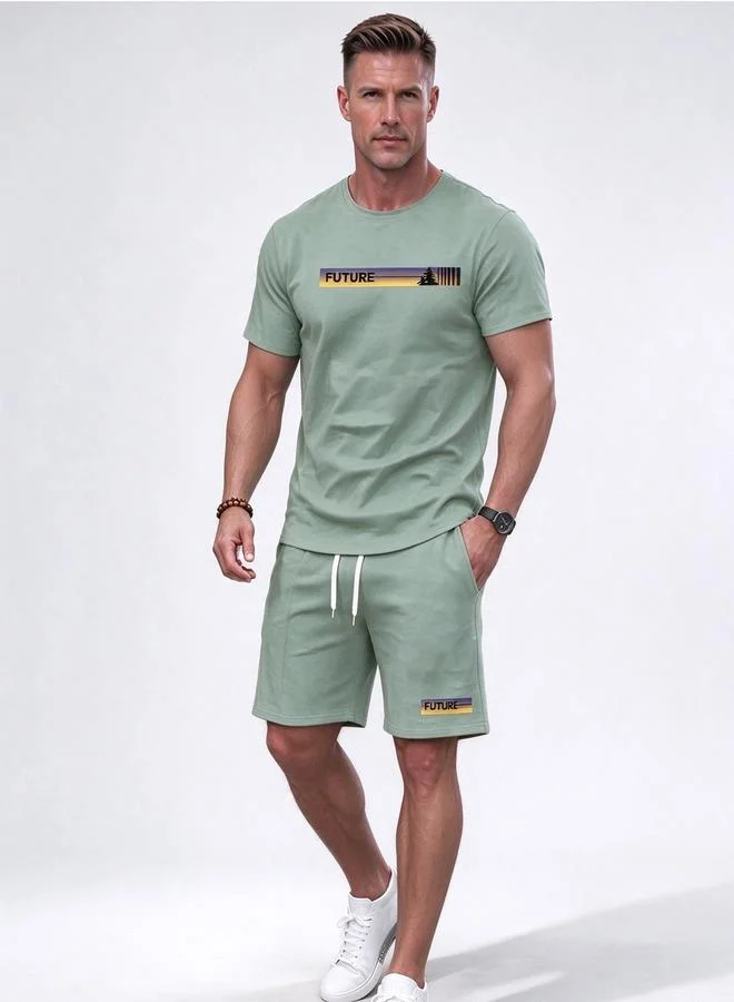 Take Two Active Men Green Printed Activewear Short Set