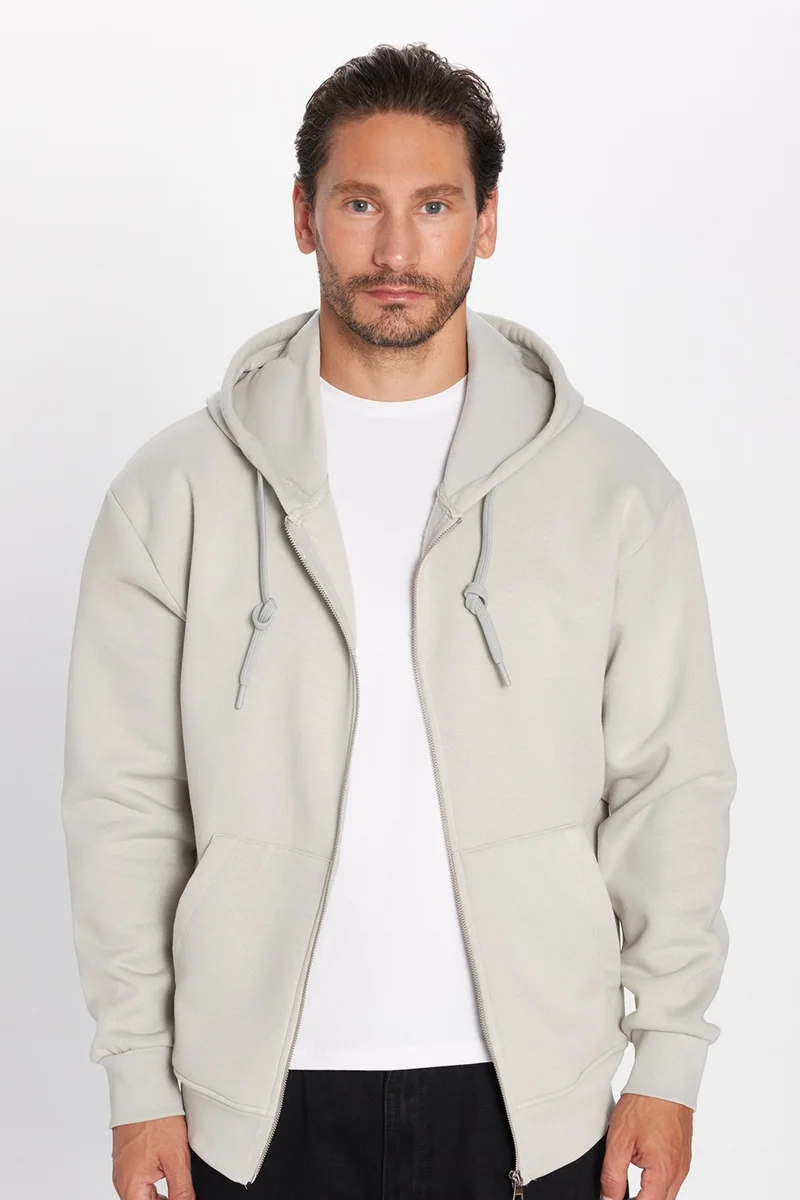 Tudors Unisex Relax Fit Comfortable Cut Cotton Fleece Inside Double Pocket Zipper Stone Color Hooded Sweatshirt