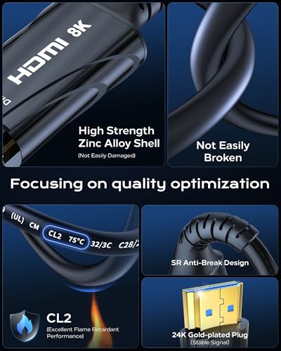 Cratree كابل HDMI بصري طويل من كراتري 8K بطول 100 قدم - 48Gbps، كابل HDMI عالي السرعة CL2 في الجدار، 8K 60Hz، 4K 120Hz، HDCP 2.2 و 2.3، HDR10 - متوافق مع HDTV/شاشة/بروجيكتور - Image 3