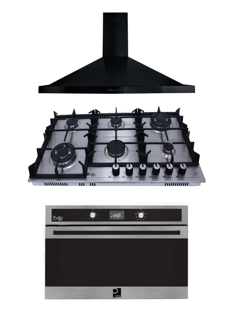 Purity Purity Built-in Kitchen Hood, 90 cm, Black - PENTO BL 90cm - Purity Built-in Stainless Steel Hob, 6 Burners, 90 cm, Silver - HPT904S - Purity Built-in Gas Oven with Grill, 90 cm, Black and Stainless Steel - OPT901GXD  - Image 1