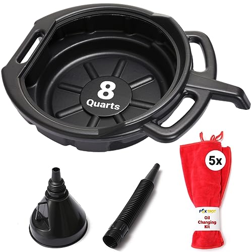 Oil Change Kit Includes 8Quart Oil Pan Longneck Oil Funnel with Removable Filter and 5 Pack of Shop Towels Motor Oil Drain pan for Changing Oil Oil Change Value Kit with by Foxtrot Living