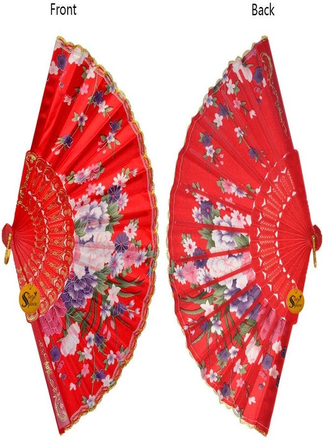Sage Square Set of 2, Floral Handheld Folding Chinese Fan Vintage Era Touch, Fabric Folding Fan for Wedding Dancing Party, Decoration,Birthday Party, Photo Booth (Red) - Image 2