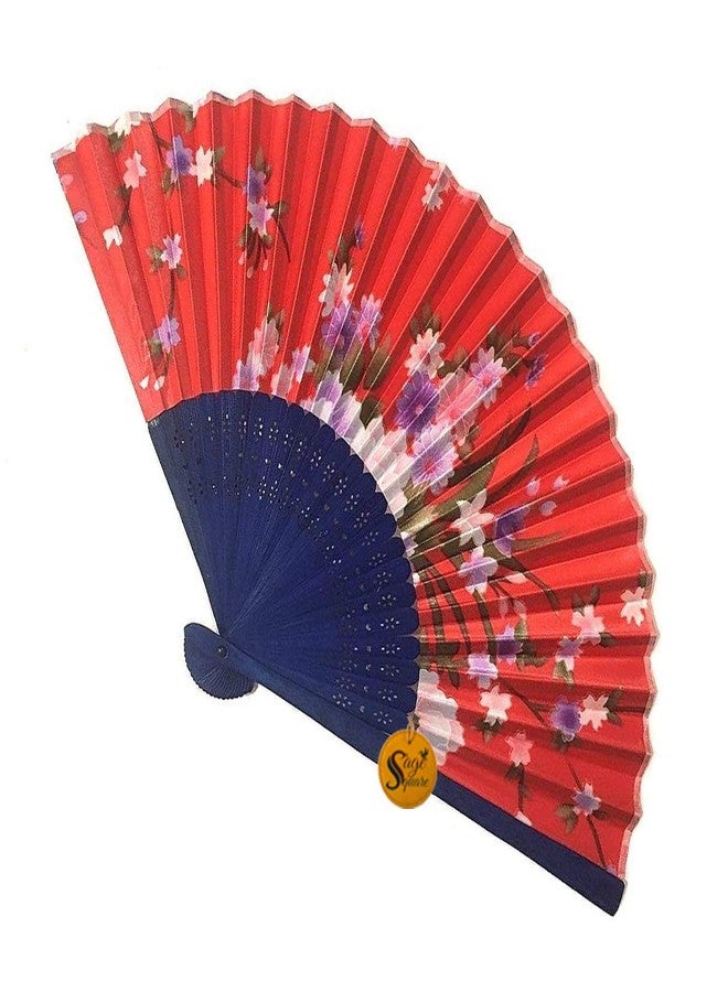 Sage Square Set of 2, Floral Handheld Folding Chinese Fan Vintage Era Touch, Fabric Folding Fan for Wedding Dancing Party, Decoration,Birthday Party, Photo Booth (Red) - Image 1