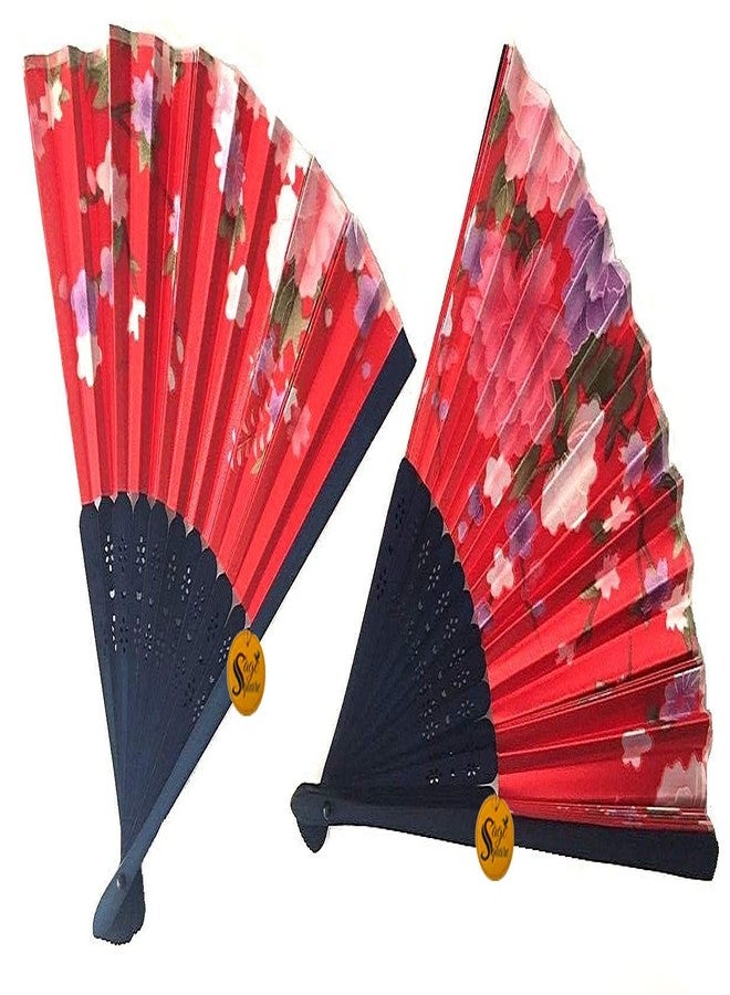 Sage Square Set of 2, Floral Handheld Folding Chinese Fan Vintage Era Touch, Fabric Folding Fan for Wedding Dancing Party, Decoration,Birthday Party, Photo Booth (Red) - Image 4