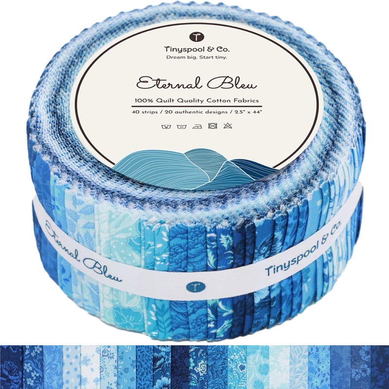 Tinyspool & Co. Jelly Roll Fabric Strips for Quilting, Crafting, and Sewing, 40 Strip Assorted Bundle, Soft Cotton for Blanket, Rug, Upholstery, Home Decor, and Purse Making, Eternal Bleu - Image 1