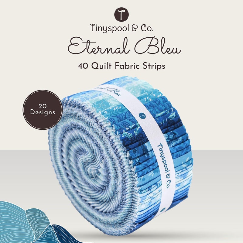 Tinyspool & Co. Jelly Roll Fabric Strips for Quilting, Crafting, and Sewing, 40 Strip Assorted Bundle, Soft Cotton for Blanket, Rug, Upholstery, Home Decor, and Purse Making, Eternal Bleu - Image 2