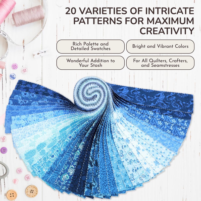 Tinyspool & Co. Jelly Roll Fabric Strips for Quilting, Crafting, and Sewing, 40 Strip Assorted Bundle, Soft Cotton for Blanket, Rug, Upholstery, Home Decor, and Purse Making, Eternal Bleu - Image 4