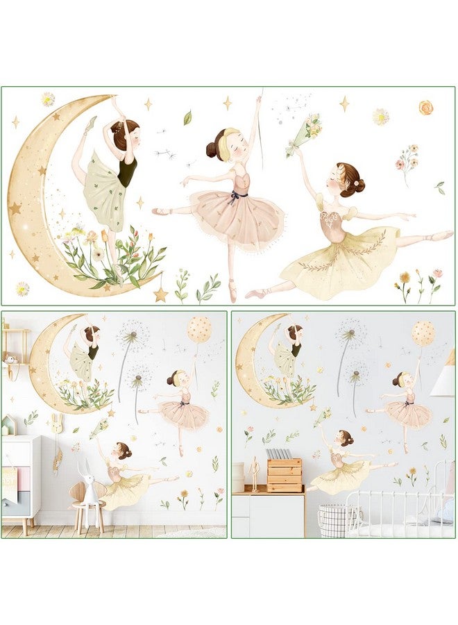 LiveGallery 2 Sheets Ballet Girls Wall Stickers 3D Moon and Flower Wall Decals DIY Removable Dandelions Wall Sticker for Kids Baby Girls Bedroom Nursery Living Room TV Background Kids Rooms Home Wall Decoration - Image 3