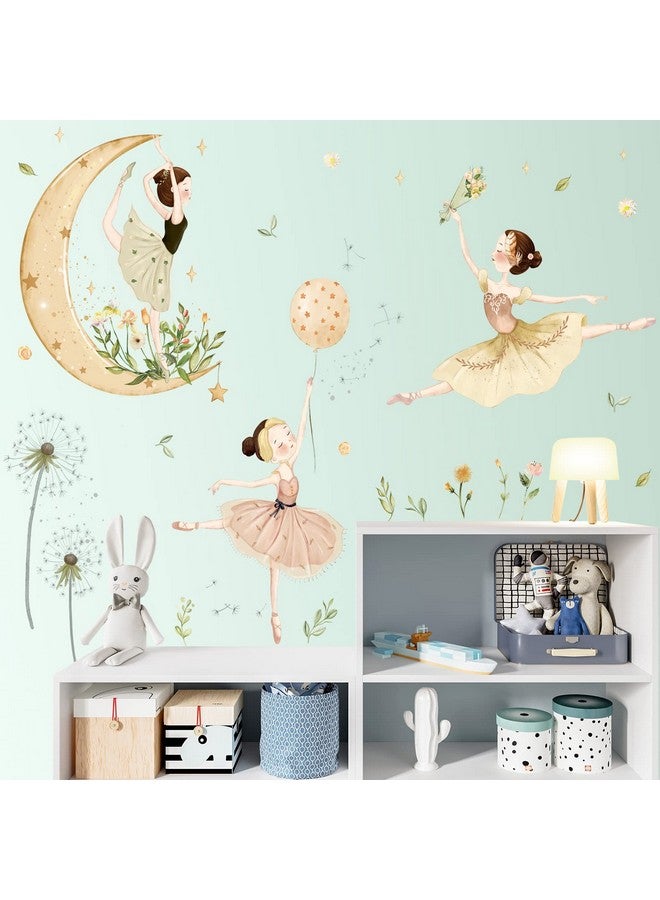 LiveGallery 2 Sheets Ballet Girls Wall Stickers 3D Moon and Flower Wall Decals DIY Removable Dandelions Wall Sticker for Kids Baby Girls Bedroom Nursery Living Room TV Background Kids Rooms Home Wall Decoration - Image 5