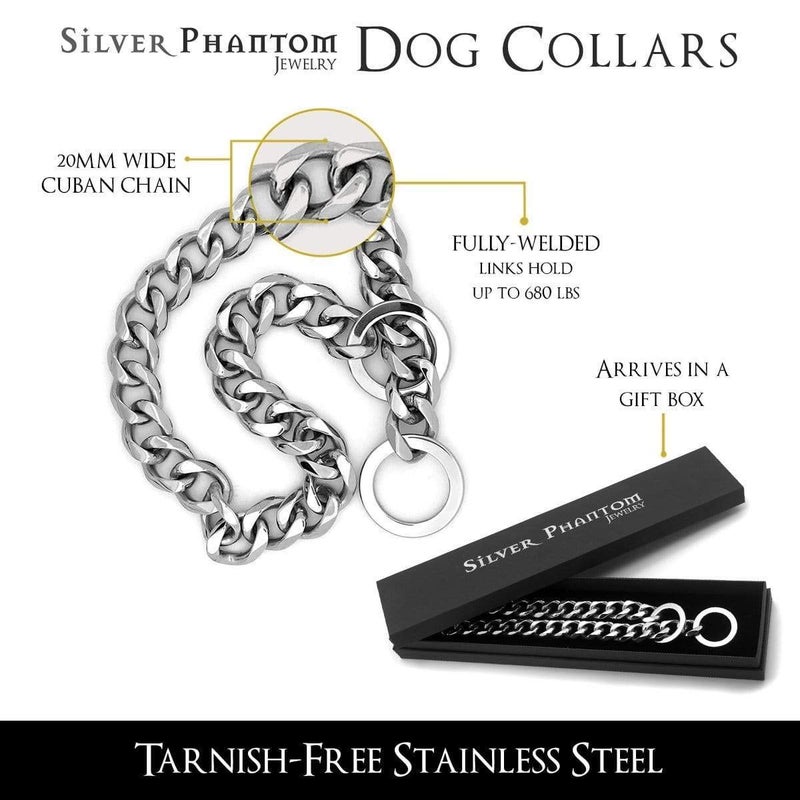 Silver Phantom Jewelry Heavy Duty Cuban Chain Dog Collar for Large Dogs, Silver, 38 in - Image 1