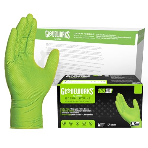 GLOVEWORKS HD Green Nitrile Industrial Disposable Gloves, 8 Mil, Latex-Free, Raised Diamond Texture, Medium, Case of 1000 - Image 1