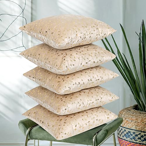RD TREND® Premium Velvet Cushion Covers Set of 5 | Soft Decorative Throw Pillow Covers for Sofa, Bed & Living Room | Cushion Cover 16 inch x 16 inch (40x40 cm) Cream Caramel - Image 1