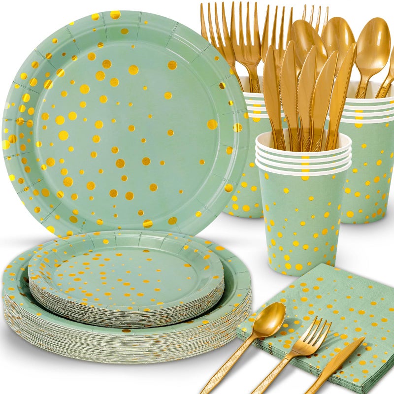 أدوات حفلات واهلين 175 قطعة أطباق وأكواب ومناشف باللون الأخضر المريمي ونقاط ذهبية أطباق قابلة للتصرف لمناسبات الزفاف وأعياد الميلاد وحفلات تكريم العروس لتزيين الطاولة لخدمة 25 ضيفًا