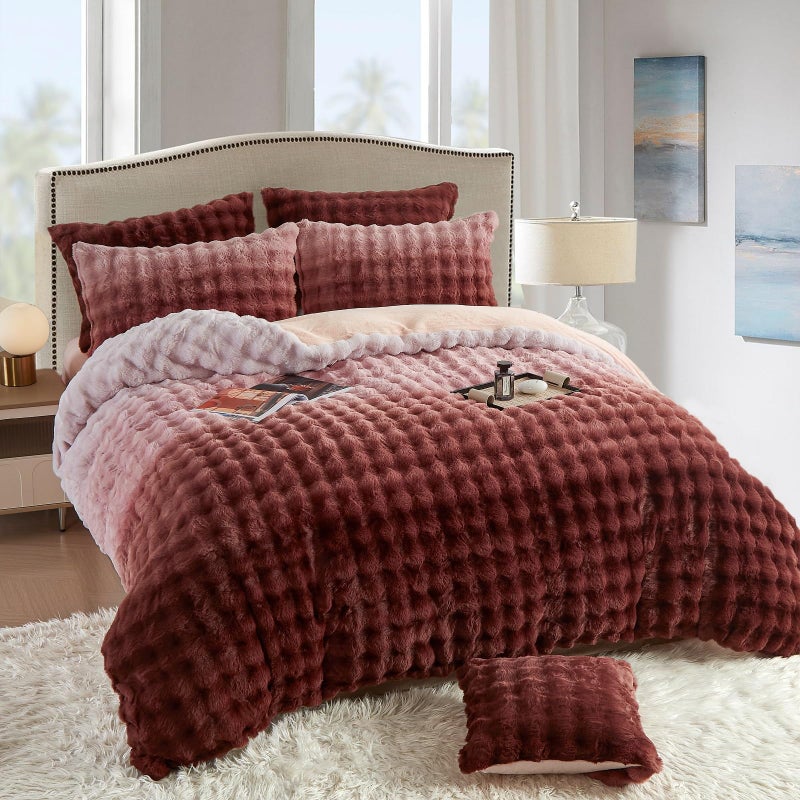 YASMENG Fluffy Faux Rabbit Fur Duvet Cover Set Twin Size Rose Pink, Luxury Soft Plush Shaggy Comforter Cover for Cold Winter Spring Fall, 2pcs Girls Velvet Fuzzy Furry Bedding Sets Gradient Pink - Image 4